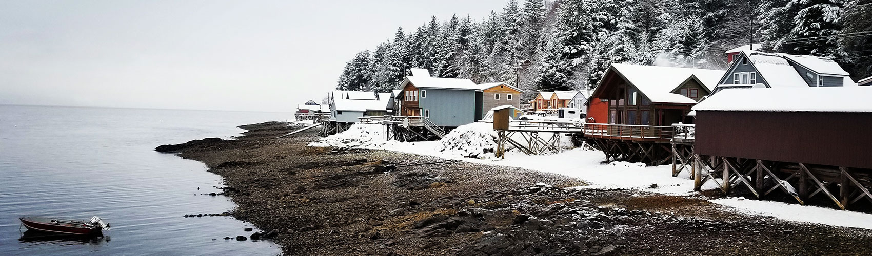 The community of Tenakee Alaska, covered in snow.