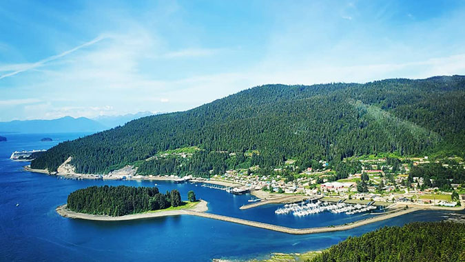 Aerial view of coastal Alaskan town.